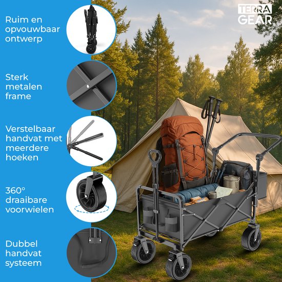 TerraGear Bolderkar opvouwbaar - Bolderkar met dak en duwstang - Zwart - 120L inhoud - 150KG draagcapaciteit