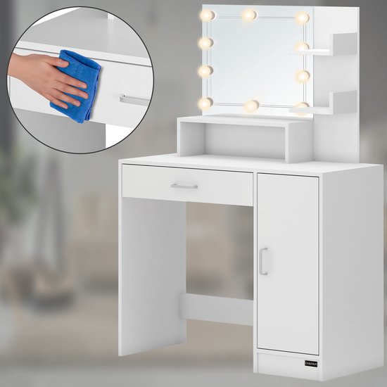Casaria Make up tafel Jocelyn - Lade Spiegel LED 3 Planken 140x110 - Wit
