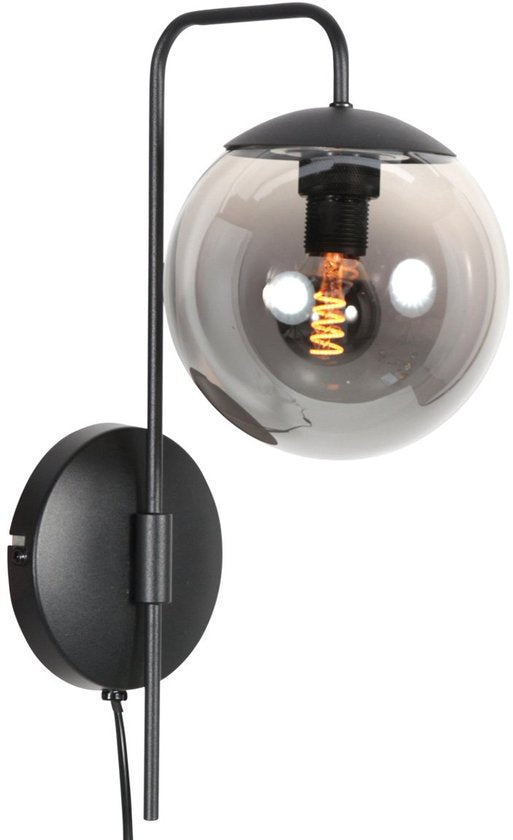 Wandlamp Bollique 4609ZW zwarte metalen wandlamp met smoke glas, E14 fitting, trendy stijl - Steinhauer
