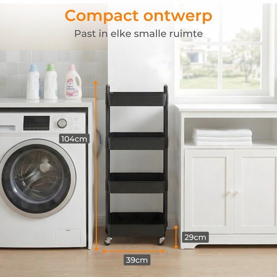 Posity Keukentrolley op wieltjes – Serveerwagen / Opbergtrolley / Keukenrek / Trolley Keuken – Verrijdbaar en Vast – 4 Lagen – Kunststof – Zwart