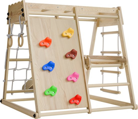 Juskys – Indoor Klimrek Voor Kinderen – 102 x 98 x 100 cm & Met Glijbaan En Klimwand – Voorzien Van Turnringen En Touwladder – Inklapbaar En Vrijstaand – Naturel En Bont Hout