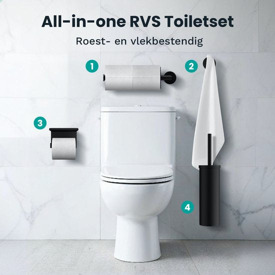 Mirlux Badkameraccessoireset - Toiletborstel met houder - Toiletrolhouder - Wc Rolhouder zonder boren - Handdoekhaakjes Zelfklevend - Reserverolhouder - Toiletborstelhouder - Zwart