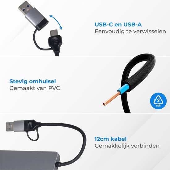 Nuvance - USB C Hub 3.0 - 5 Poorten - USB Splitter - USB C Dock - Micro SD Cardlezer USB C - Grijs