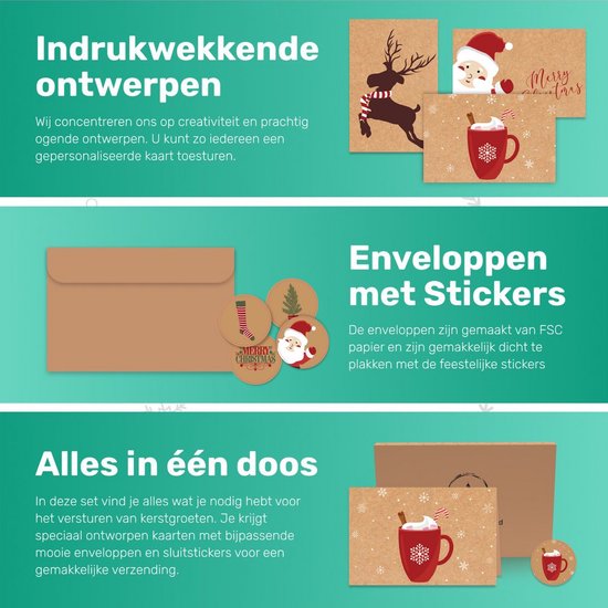 Giftmas Kerst Collectie – Wenskaarten & Kerstkaarten Set – 36 Groetenkaarten met 12 Designs – Inclusief Enveloppen en Stickers – Kraft Papier met Zwarte Bedrukking Voor Feestdagen – 20×15 cm