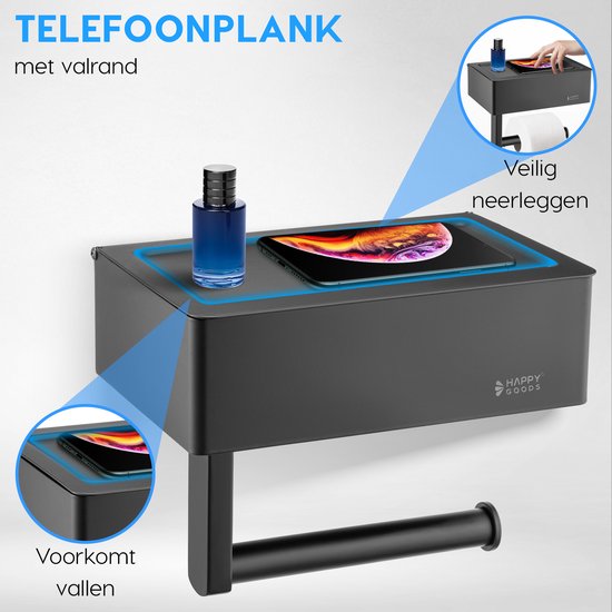 Happy Goods WC Rolhouder met Plankje en Bakje - Zelfklevend / Boren - Toiletrolhouder Zwart zonder Boren - RVS - INCL. Handdoekhaakje