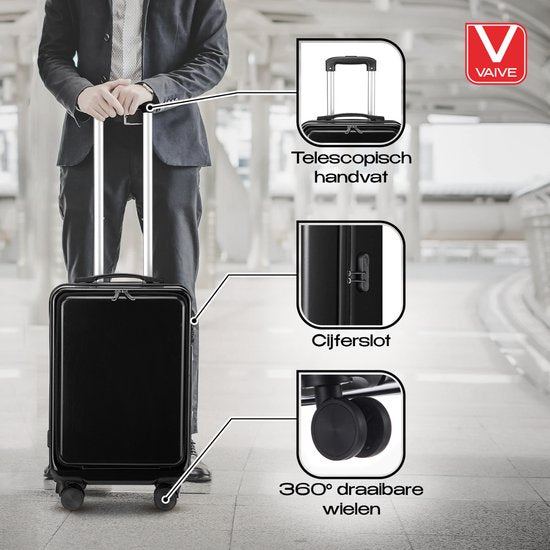 VAIVE Handbagage Koffer Met Voorvak - 43L Koffer - Lichtgewicht Trolley - Zwart