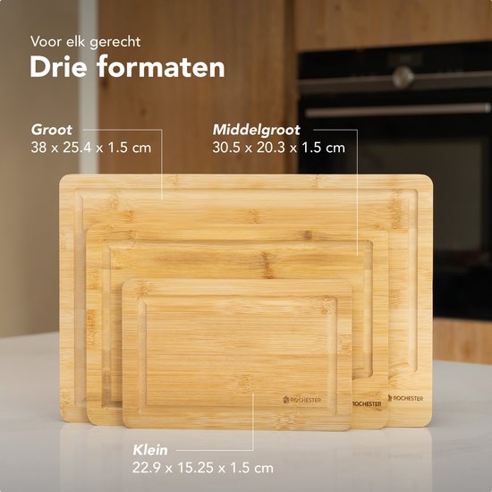 Rochester Snijplanken Hout – Borrelplank – PFAS-Vrije Snijplankenset 3-Delig – Serveerplank Organisch Bamboe – Tapasplank Luxe Design – Hygiënisch en Duurzaam