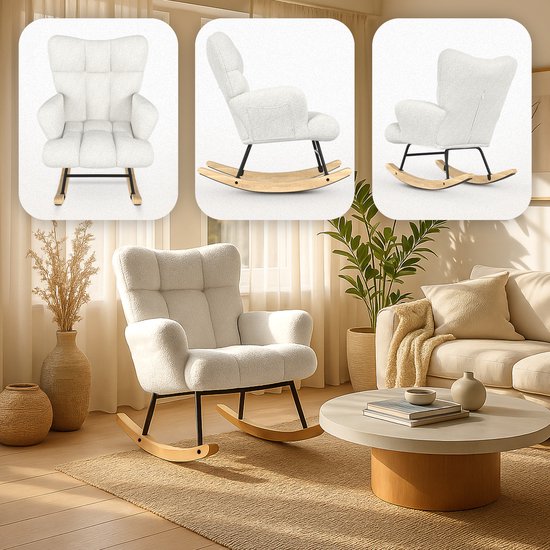Flowsense Schommelstoel Teddy Wit - Schommelstoel Volwassenen Baby - Voedingsstoel Stoel Babykamer - Fauteuil met Armleuning Design - Relaxstoel - Relaxfauteuil
