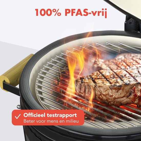 KitchenBrothers Kamado BBQ - 16 Inch Houtskool Barbecue - 34⌀ cm - Deluxe Set - Egg BBQ met Accessoires - Zwart