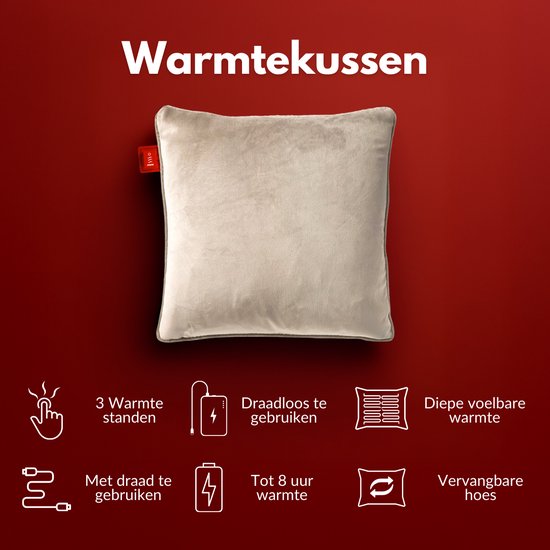 Coozie Oplaadbaar Warmtekussen – Draadloos & Bedraad – 45–65°C – Velvet – 45 x 45 cm – Beige – Elektrisch Kussen – Incl. Powerbank – Tot 8 uur warmte