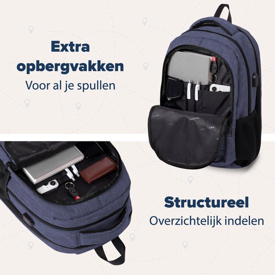 TRVLMORE Rugzak - 28L - 15,6 inch - Laptop Rugtas - Schooltas - Heren en Dames - Laptoptas - Spatwaterdicht Blauw
