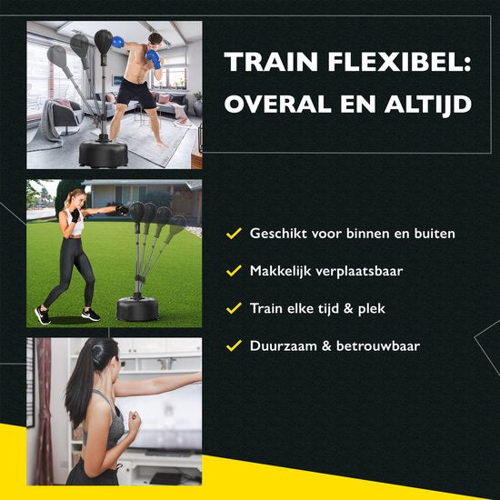 Zoluko Professionele Boksbal op Voet - Incl. E-Book - Verstelbaar in Hoogte 120-160cm - Voor Binnen en Buiten - Bokstrainer - Boksbal op Standaard - Boksset - Boksbal Staand - Boxing – Thuis Sporten – Bokspaal - Zwart