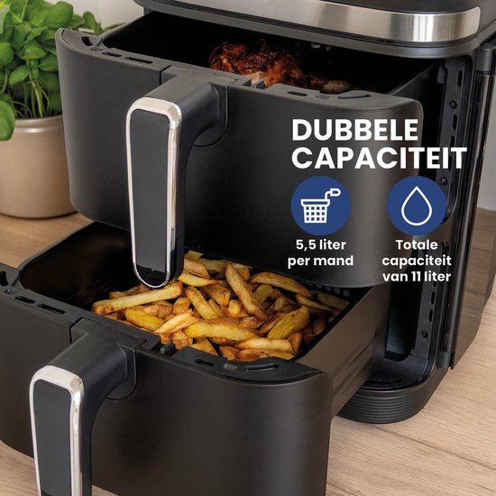 Nexxt - Double Stacked Airfryer - 11 l Inhoud - Zwart & RVS - 12 Kookprogramma's - Gestapeld Model - Ruimtebesparend & Dubbele Lade