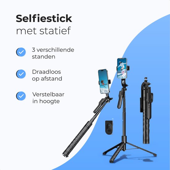 Selfiestick - 3 in 1 - incl. afstandsbediening - Voor iPhone en Samsung - Telefoonstatief - Bluetooth - Smartphone - Luft