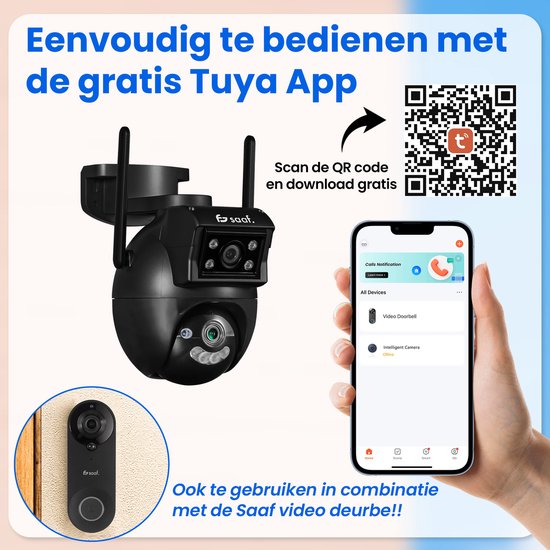 Beveiligingscamera Buiten - 2 Stuks - Wifi en 256GB - Buiten Camera met Nachtzicht - Dubbele Lens - Zwart - van Saaf