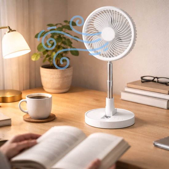 Lifetime Air Tafelventilator Telescopisch - Ventilator Staand met USB en Oplaadbare Batterij - Mini Ventilator met 4 Snelheden - Verstelbaar 13-55 cm - Wit