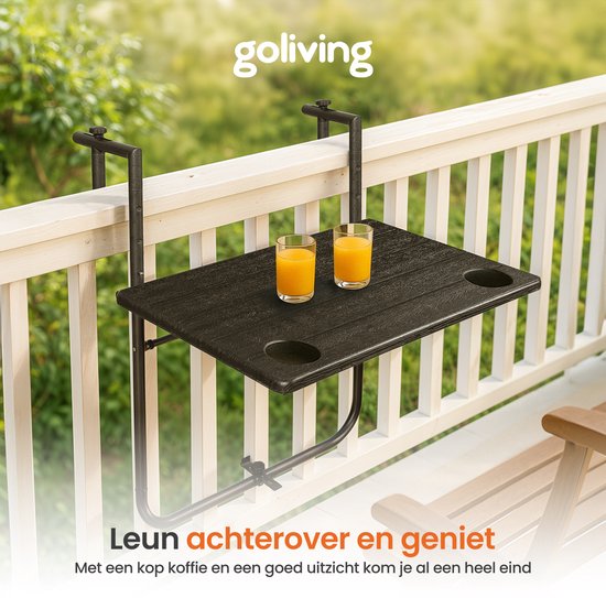 Goliving Balkontafel - Inklapbaar - Hangend - 60 x 40 cm - Verstelbaar in 3 hoogtes - Weerbestendig - 2 bekerhouders – Zwart