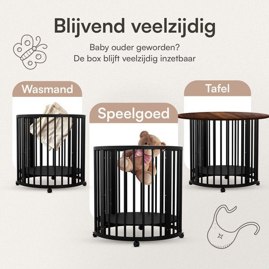 Flowsense Baby Box – Ronde Speelbox - Grondbox - Kinderbox - Playpen – Met Matras – Verstelbare Hoogtes – Wielen - Zwart