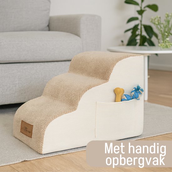 By Cee Cee – Hondentrap Kai – 40 x 57 x 40 cm – Voorzien Van Zelfherstellend Schuim En Anti-Slip Onderkant En Afritsbare Hoes – Voor Bank Of Bed – Bruin En Beige Textiel