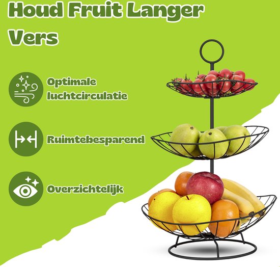 Vaive Chique Fruitschaal 3 laags - Fruit Etagere - Fruitmand - Etagères - Zwart