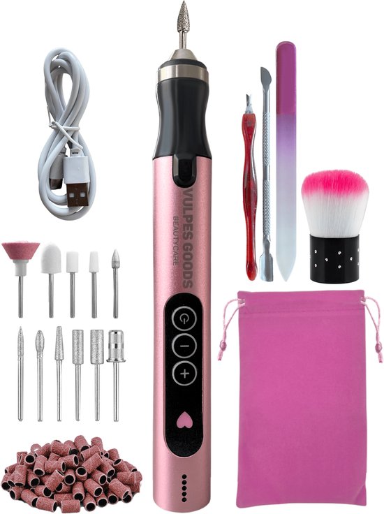 Vulpes Goods® BeautyCare - Elektrische Nagelvijl - Draadloos & Oplaadbaar - 11 Nagelfrees Bitjes en 96 Schuurrolletjes en Draagtas - Manicure en Pedicure set - PRO Versie