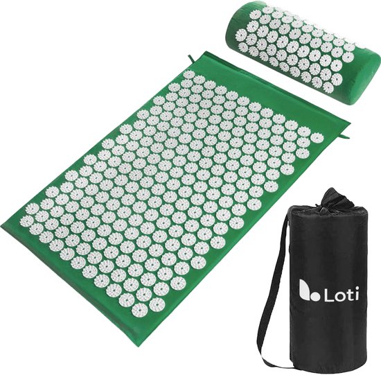 Loti Spijkermat met Spijkerkussen – Donkergroen/Wit – Acupressuur Mat - Spijkerbed - Acupunctuur Kussen - Shakti Massage – Incl. Draagtas
