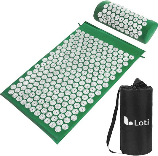 Loti Spijkermat met Spijkerkussen – Donkergroen/Wit – Acupressuur Mat - Spijkerbed - Acupunctuur Kussen - Shakti Massage – Incl. Draagtas