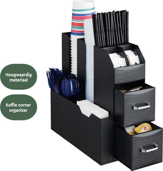 BRASQ Koffie en Thee Organizer Zwart – Ruimtebesparende Keukenorganizer met 9 Vakken & 2 Lades - Koffie Station