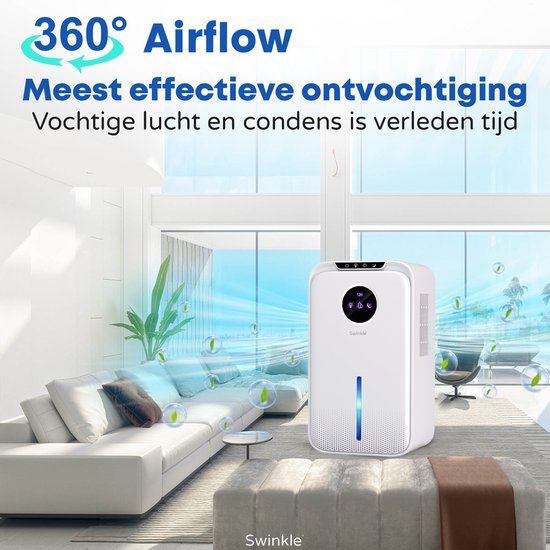 Swinkle Luchtontvochtiger 2.5L – Ontvochtigt tot 1L per dag – Dehumidifier met Ionisator & 7-Kleuren LED – Stil & Energiezuinig – Voor Slaapkamer, Badkamer & Woonkamer – Wit