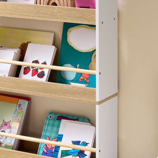 SoBuy KMB121-WN Boekenkast voor kinderen, 4 niveaus, meubels, speelgoed, boekenkast, opbergkast, plank, slaapkamer, wit/naturel, 60 x 15 x 130,5 cm
