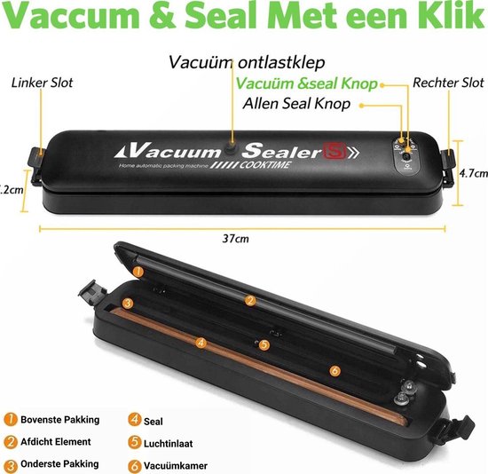 BestHome – Vacumeermachine – Inclusief 15 Vacumeerzakken – Voorzien Van 4 Standen En LED Bedieningspaneel En BPA-Vrij Design – Voor Voedselbewaring En Sous-Vide – Zwart Kunststof