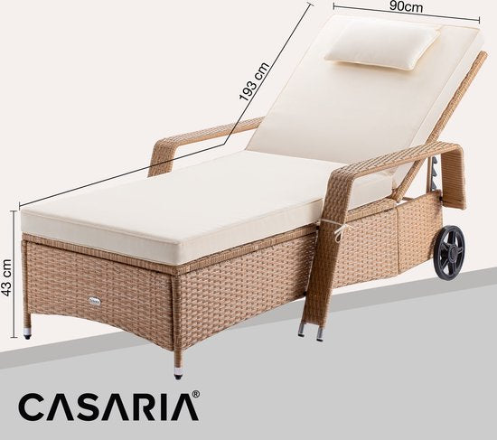 Luxe Polyrattan Ligstoel met Kussen – Verstelbaar – Weerbestendig – Crème – 162 x 64 x 86 cm – Draagvermogen 160 kg