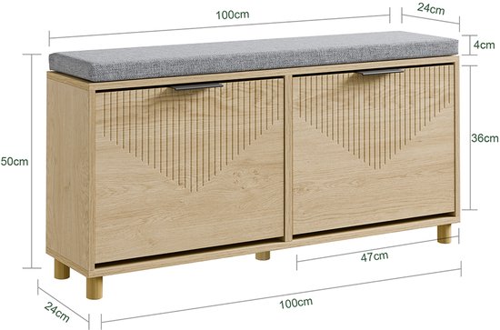 SoBuy - Schoeiselbank met opbergruimte - Licht eiken - 100x24x50 cm - 2 deuren - Max. belasting 237 kg