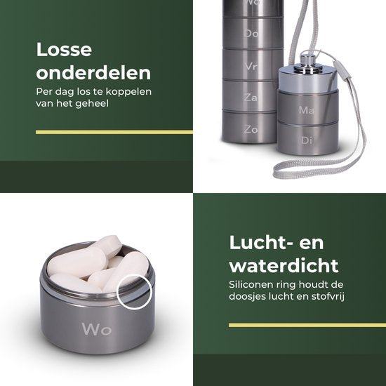 Gandria Pillendoos 7 Dagen - Uitneembaar Pillendoosje - Pillesdoosjes met 7 Compartimenten - Medicijndoos met Stevige Sluiting - Koker - Waterdicht - Grijs