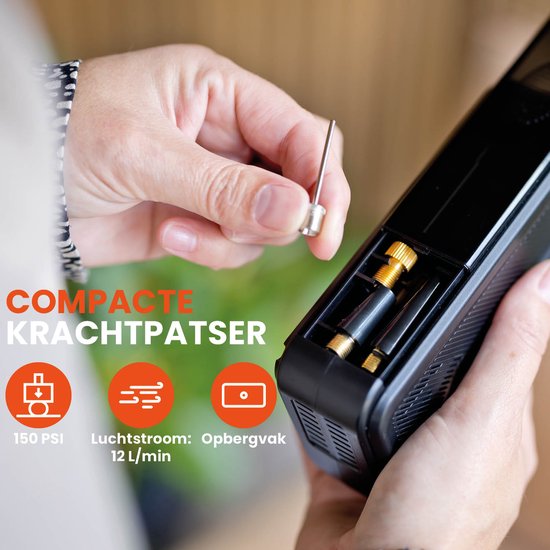 QLT Luchtcompressor met Opbergvak – Draadloze Mini Compressor met LED Drukindicator, SOS-Functie en Accessoires voor Auto, Fiets of Luchtbed