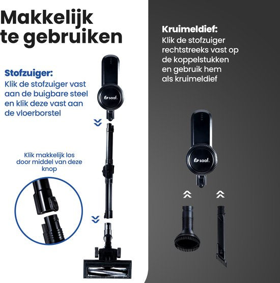 Saaf G80 Steelstofzuiger - 150W - Steelstofzuiger Draadloos - Stofzuiger Zonder Zak - 7-delige set met Buigbare Steel - 22kPa - Kruimeldief - Zwart