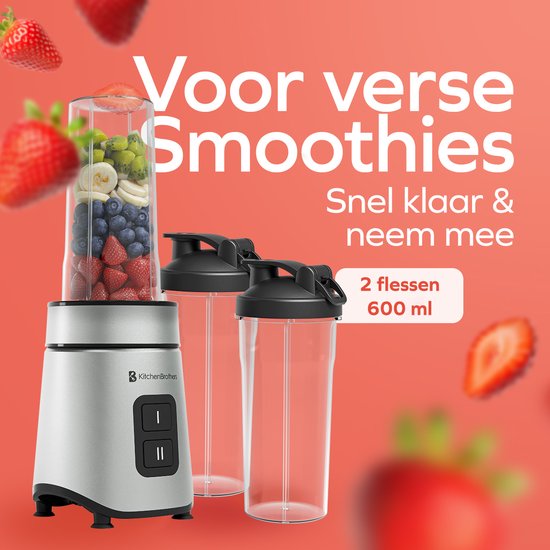 KitchenBrothers Mini Blender - Blender to Go - 2 Standen - Smoothie Maker - 2 To-Go Bekers 600 ml - Zwart