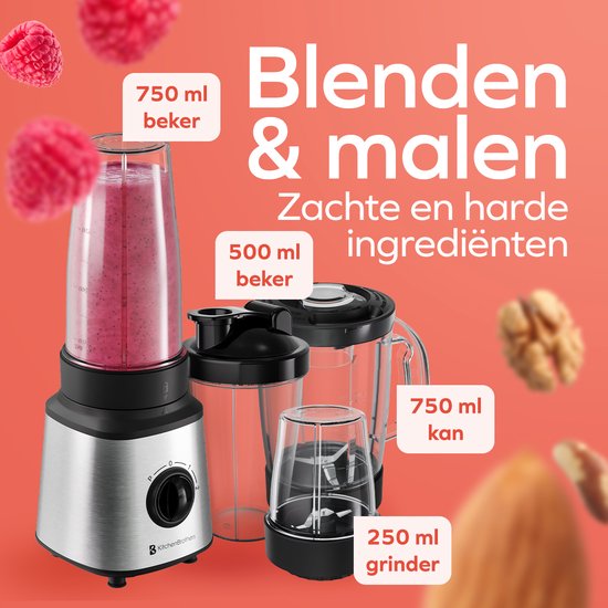 KitchenBrothers Blender - Complete Set - 2x 750ml Bowl - Grinder - Tamper - To-Go Cups - Stainless Steel
