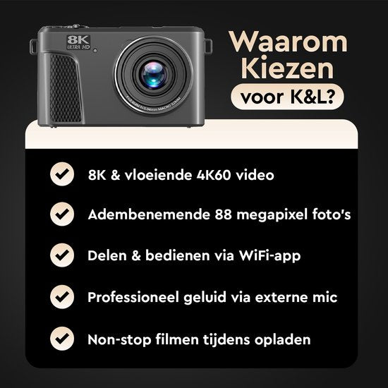 K&L - 8K 88MP - 18X Zoom - 128GB SD - WiFi - 3.0" UHD-display - mic-poort - Fotocamera - Compact Camera - Vlog Camera