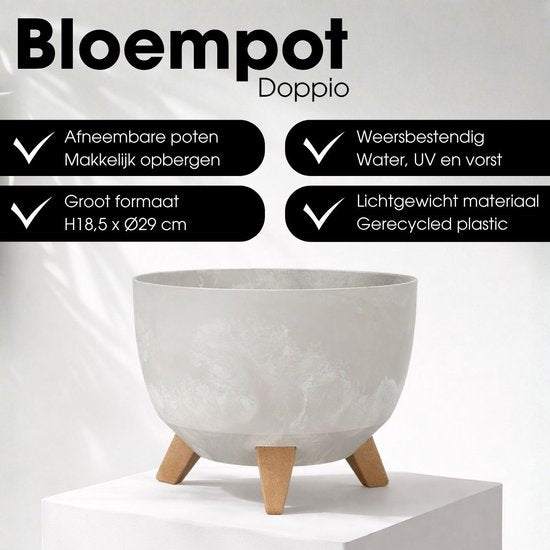 Mica Decorations Doppio Plantenbak op Poten - 18,5 x Ø29 cm - Plantenbakken voor Buiten - Bloembakken voor Balkon - Gerecycled Plastic - Grijs