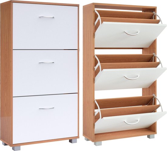 Schoenenkast – 3 Kleppen – 115x60x24cm – 18 Paar Beuken/Wit