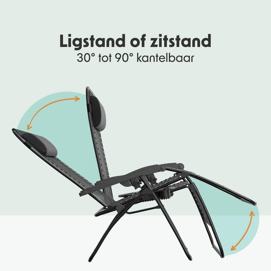 LifeGoods Ligstoelen Comfort - Opvouwbaar - 30°-90° Verstelbaar - Beker en Telefoonhouder - Tuinstoelen - Zwart