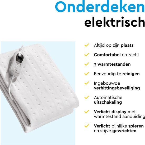 BRASQ Elektrische Onderdeken 150x80 cm – 1 Persoons - Warmtedeken - 3 Warmtestanden - Timer & Afstandsbediening – 60W Energiebesparend Verwarmingsdeken