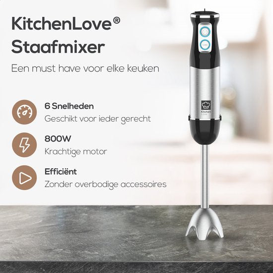 KitchenLove Staafmixer - 800W - 6 Snelheden + Turbo - Zwart/RVS