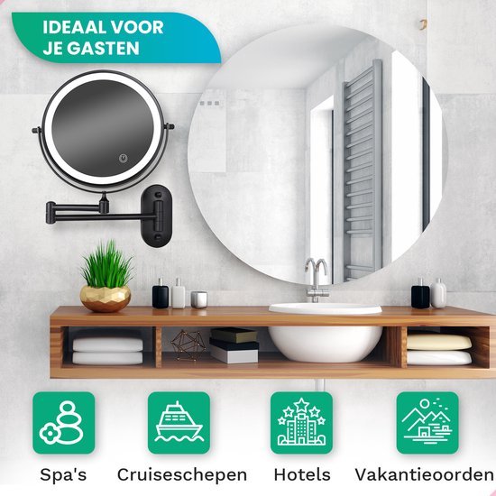 Make Up Spiegel met Led Verlichting - 5X Vergroting - Wandspiegel Rond - Scheerspiegel Wandmodel - Badkamer - Douche - Zwart