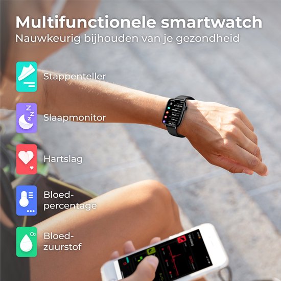 Nuvance - Smartwatch Heren & Dames met Bluetooth - IP68 Waterdicht - Geschikt voor alle Smartphones - Stappenteller en Hartslagmeter - Zwart