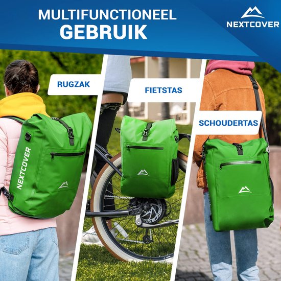 NEXTCOVER® NIEUW 3-in-1 fietstas voor bagagedrager [Aquashield] - Reflecterend bagagedragertas waterdicht - rugzak en schoudertas [25 liter]- Groente