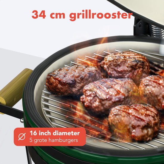 KitchenBrothers Kamado BBQ - 16 Inch Houtskool Barbecue - 34⌀ cm - PFAS-vrij - Deluxe Set - Egg BBQ met Accessoires - Vaderdag Cadeau - Groen