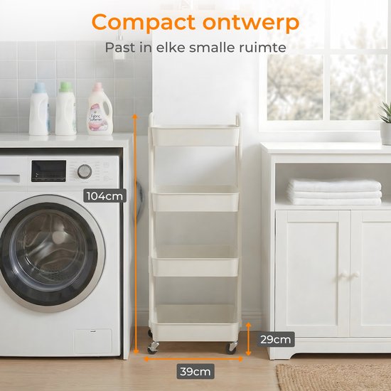 Posity Keukentrolley op wieltjes – Serveerwagen / Opbergtrolley / Keukenrek / Trolley Keuken – Verrijdbaar en Vast – 4 Lagen – Kunststof – Wit