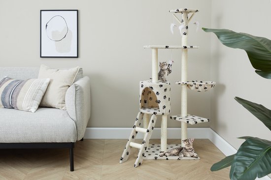 Lifa Living krabpaal - Krabpaal voor katten - Kattenpaal - 42x60x138,5 cm - creme/zwart
